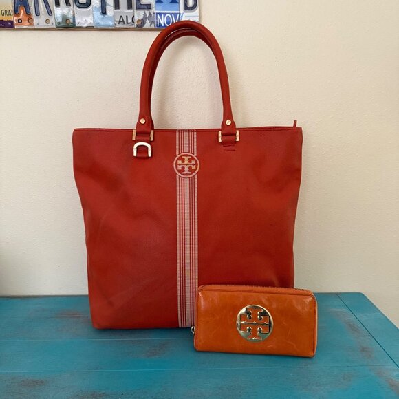 Tory Burch Roslyn Square Tote Orange & White and Orange Wallet **AS IS** - Picture 1 of 11